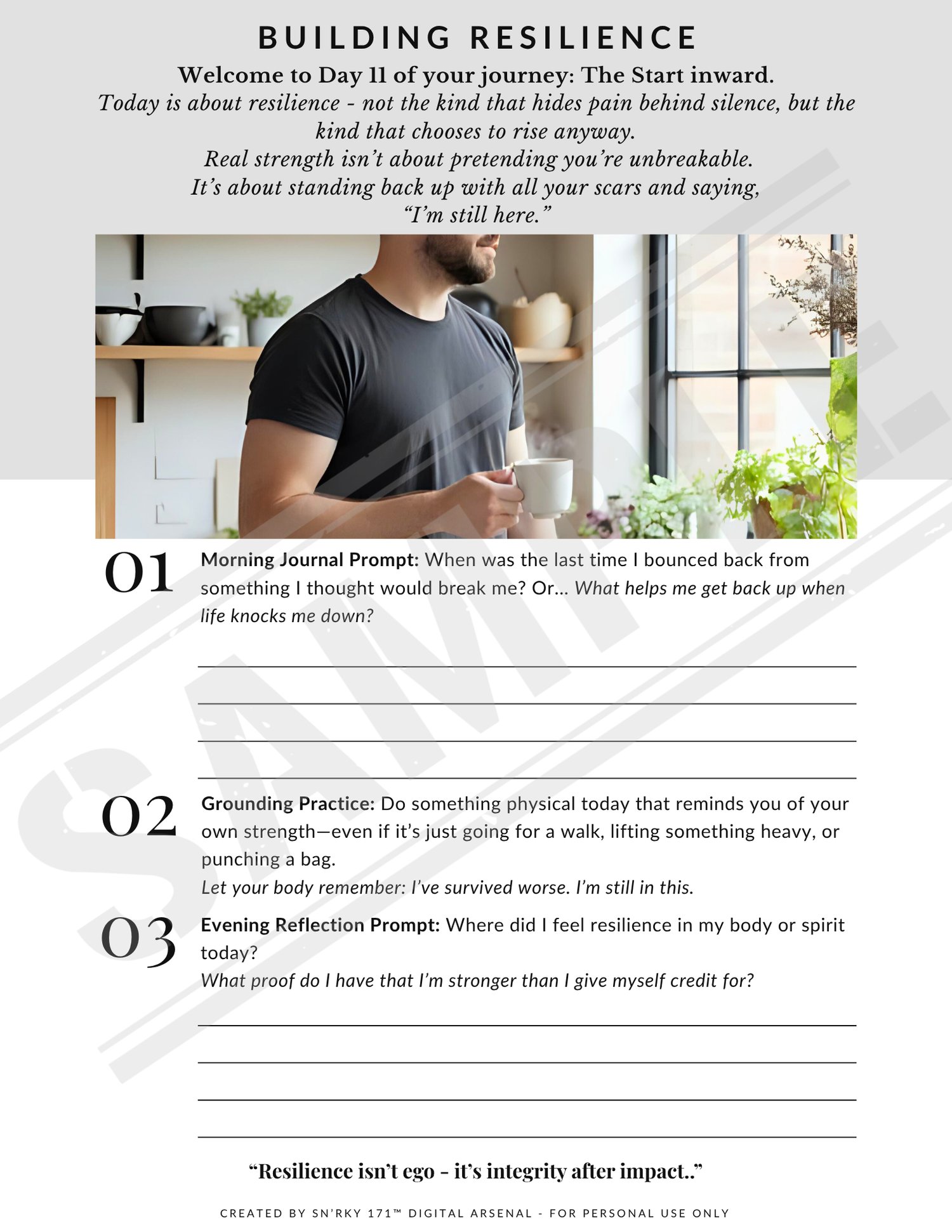 A guided journal page inviting men to reflect on emotional resilience, with morning prompts and grounding exercises. Illustrated with a modern masculine figure and natural indoor setting.