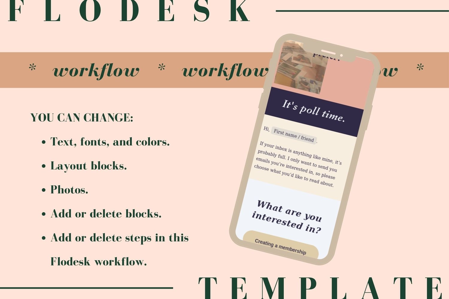 Fully customizable with a Flodesk account. You can change text, fonts, colors, layout blocks, photos, and add or delete elements and workflow steps.