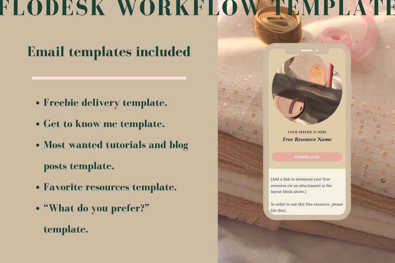 This Flodesk workflow template includes five email templates from our Sophia Collection: freebie delivery template, get to know me template, most wanted tutorials and blog posts template, favorite resources template, and “what do you prefer?” template.