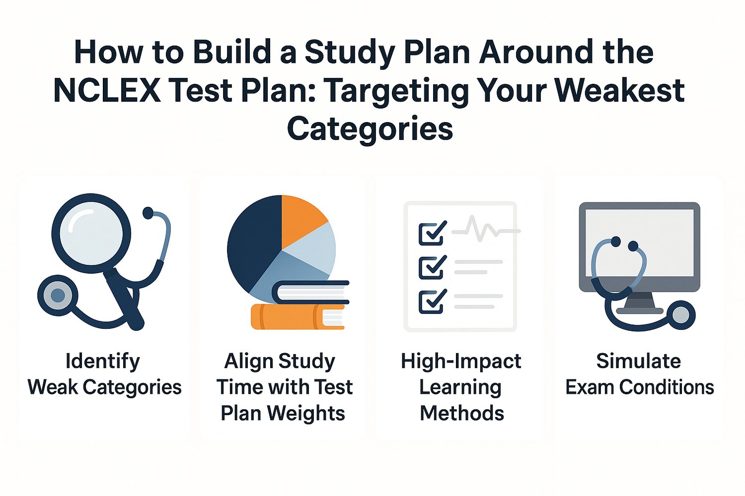 Infographic showing steps to build an NCLEX study plan by identifying weak categories, aligning time to Test Plan weights, using high-impact methods, and simulating the exam.