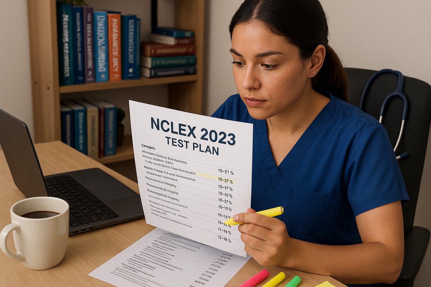 Photo of a nursing student studying with the NCLEX 2023 Test Plan, highlighting weak categories, surrounded by textbooks and study tools.
