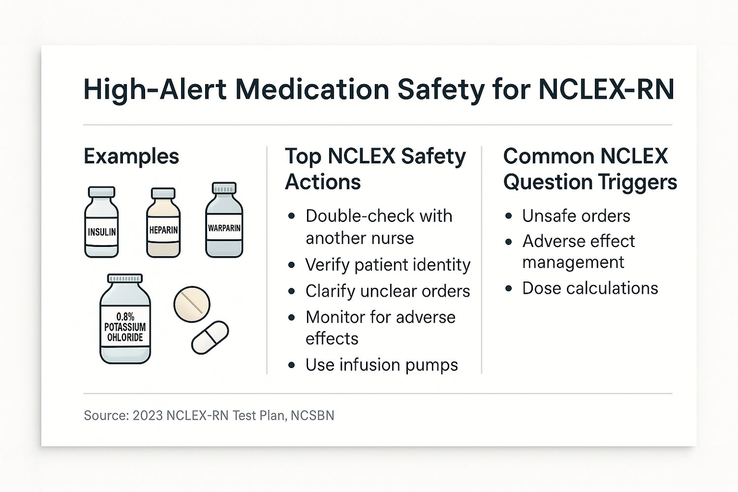 Infographic summarizing high-alert medication safety tips for NCLEX-RN preparation, with examples, safety actions, and question triggers.