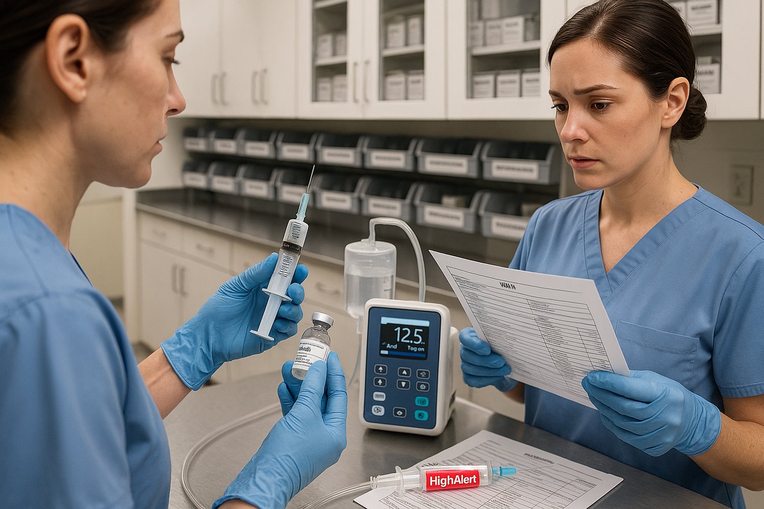 A nurse double-checking a high-alert medication in a hospital medication room, ensuring safe administration.