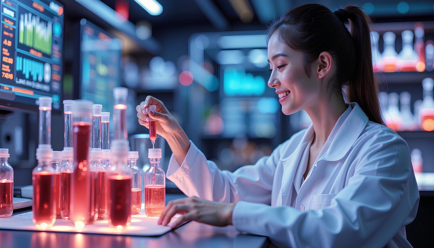 Japanese female scientist sitting in a laboratory working with test tubes and Bunsen burners 2
