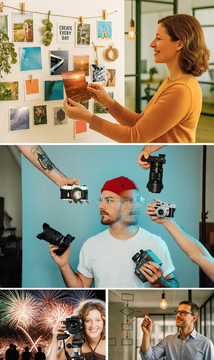 A collage showing students from The Creative Guide’s Expressions and Photography courses. The images include a woman arranging printed photos on a wall, a man surrounded by multiple cameras, a student photographing fireworks, a man drawing a flowchart on glass, a motocross rider holding a camera, and a woman standing thoughtfully by a window.