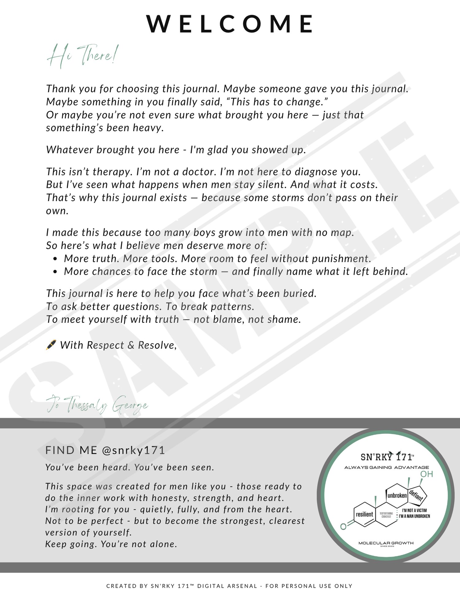 Welcome page from the 14-Day Gentle Growth Journal with handwritten note and mission for men and boys. Includes calming layout, personal message, and SN’RKY 171 branding.