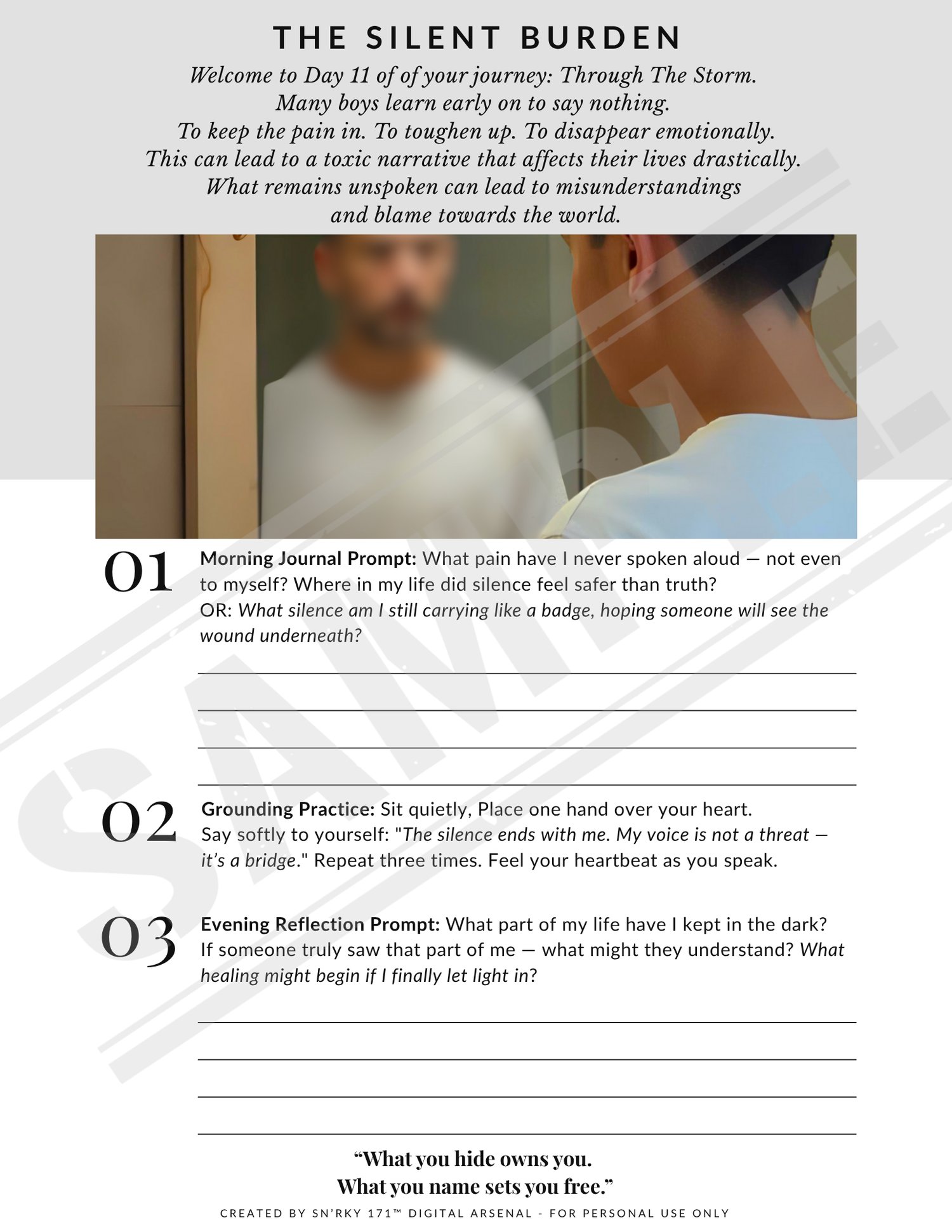 Day 11 of 14: A powerful reflection from Journal Two – The Storm, guiding men through the weight of unspoken emotions and misunderstood silence. A blurred photo of a man at the mirror anchors this deep accountability and self-trust moment.