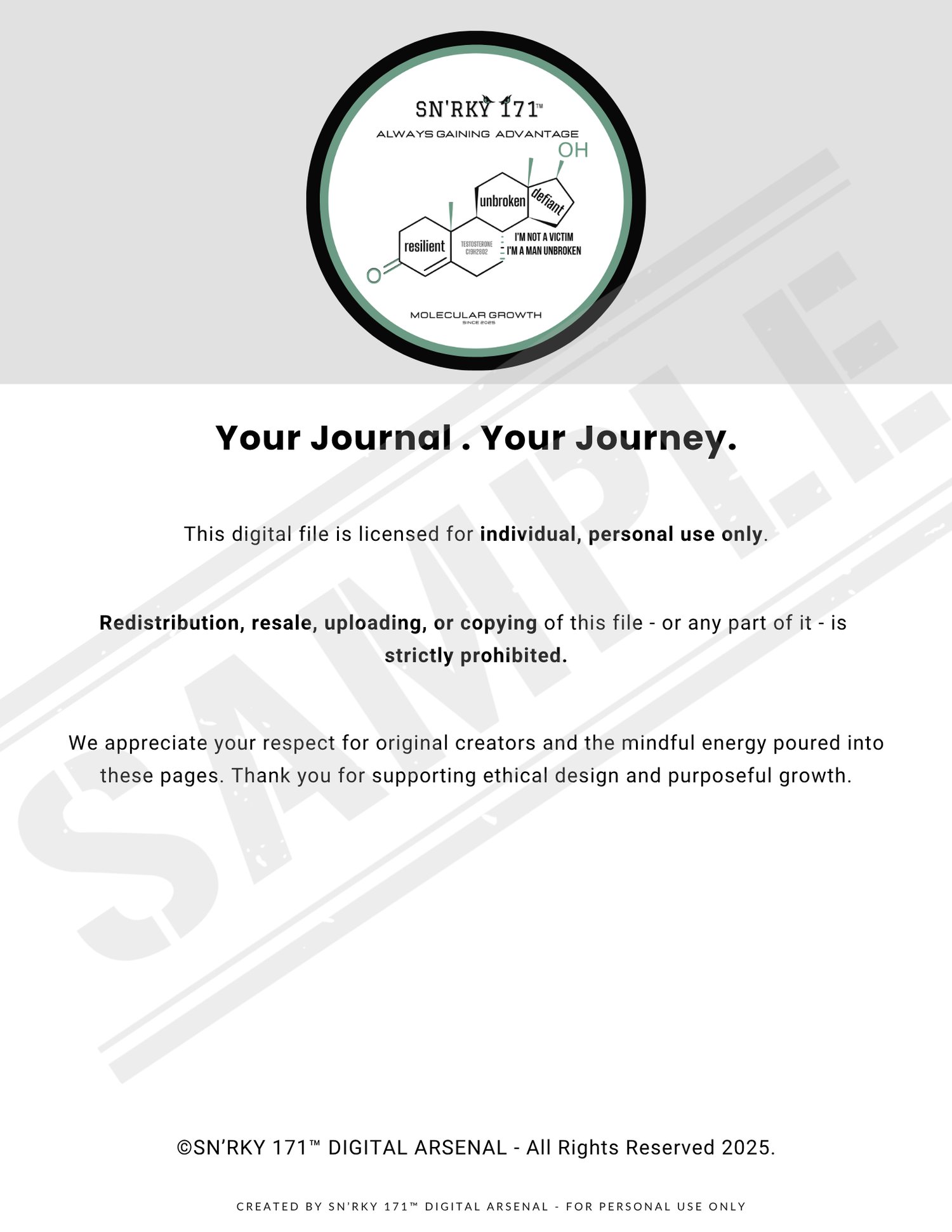 Licensing and usage notice page for SN’RKY 171™ Journal One. Reminds users of the journal’s purpose, personal use only license, and respect for intentional, digital creative work.