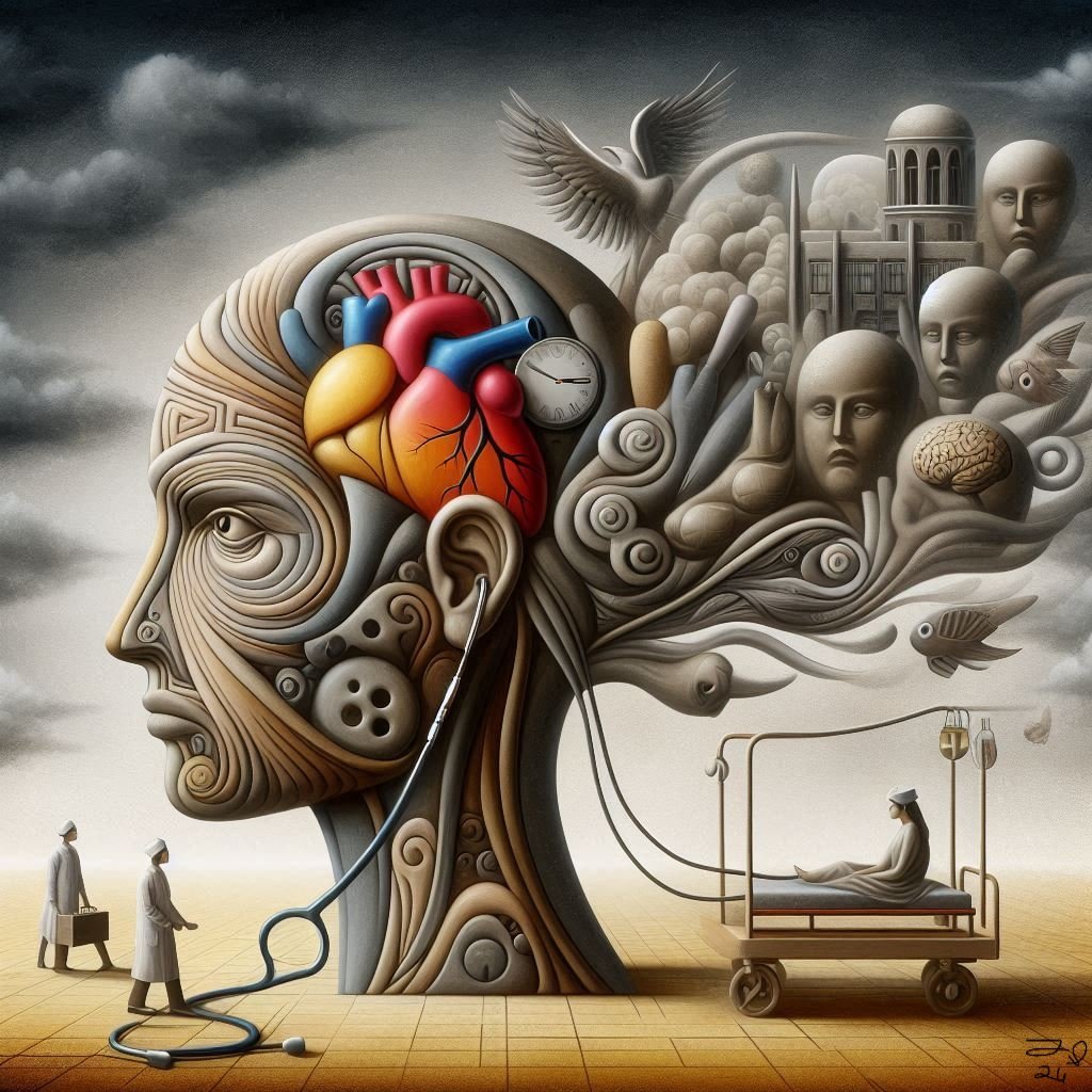 Surreal artwork depicting the interconnectedness of mind, body, and care. A human head in profile reveals a tree-like brain structure with a heart, clock, and medical symbols. A stethoscope connects to the ear, while two figures wheel a patient beneath a 