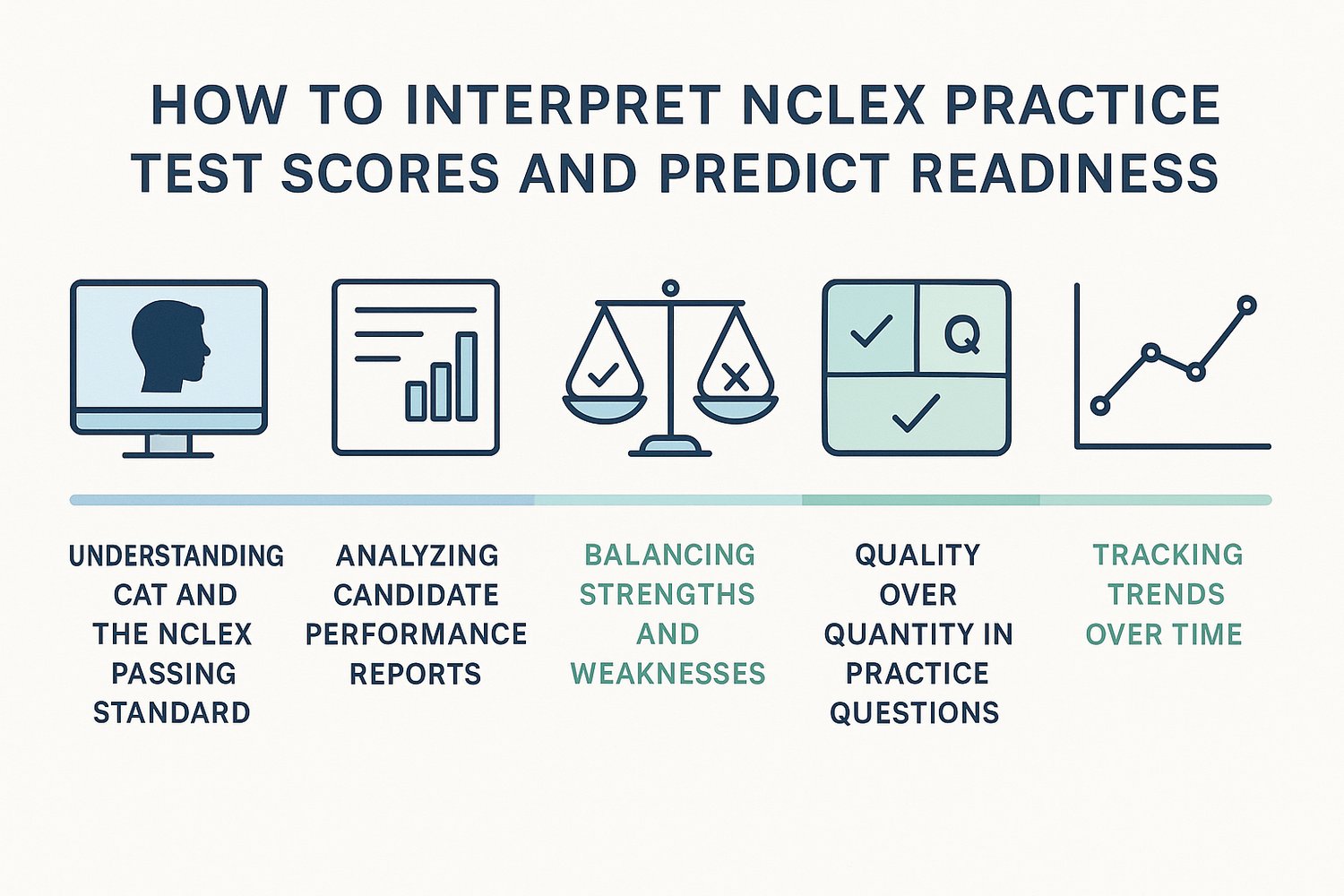 Horizontal infographic summarizing five strategies to interpret NCLEX practice test scores and predict readiness, with clean icons, charts, and text on a white background for nursing exam preparation.