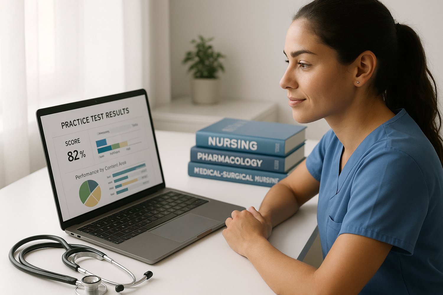 Photo of a nursing student reviewing NCLEX practice test scores on a laptop, surrounded by nursing books and study materials, symbolizing readiness and focused exam preparation.
