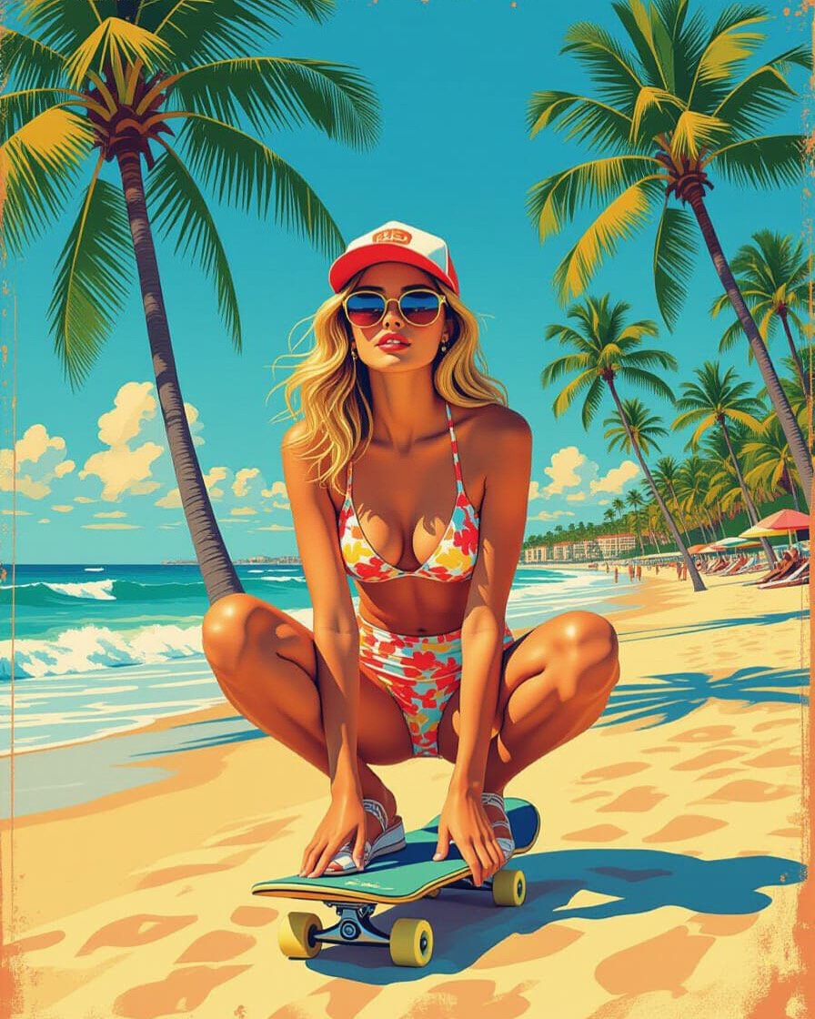 A retro digital illustration of a girl skateboarding on Venice Beach. Wearing vintage sunglasses and a baseball hat. Palm trees line the background and the ocean rollers in. The scene evokes a carefree, sun soaked 70s California vibe.