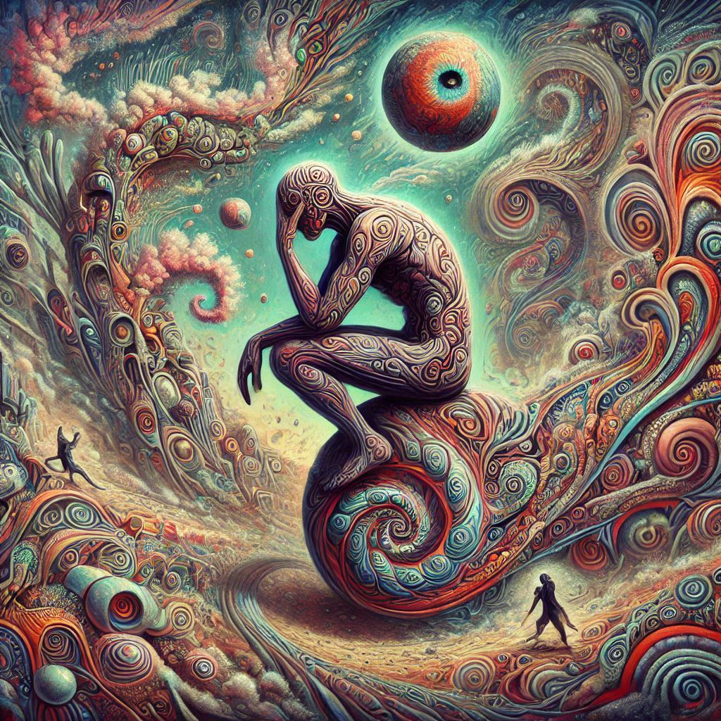 Psychedelic artwork depicting a humanoid figure seated in meditation atop a large, intricately patterned sphere. Both the figure and sphere are adorned with swirling, tattoo-like designs. The background features abstract, dreamlike shapes, including a pro