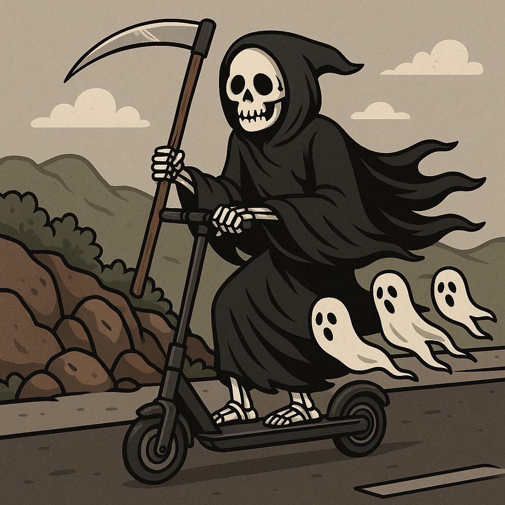 AI-generated image of death, with skull face in a black robe holding a scythe, riding an electric scooter down a road with three harvested souls that look like little ghosts trailing behind.