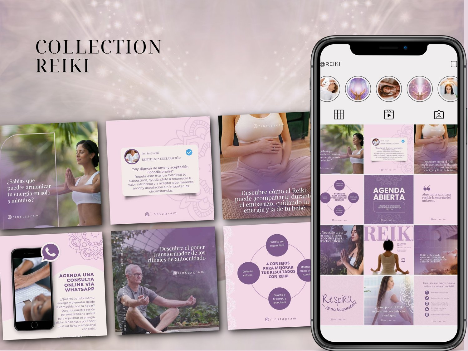 Imágenes del pack Reiki – plantillas para mujeres que sanan, estilo armonioso y femenino