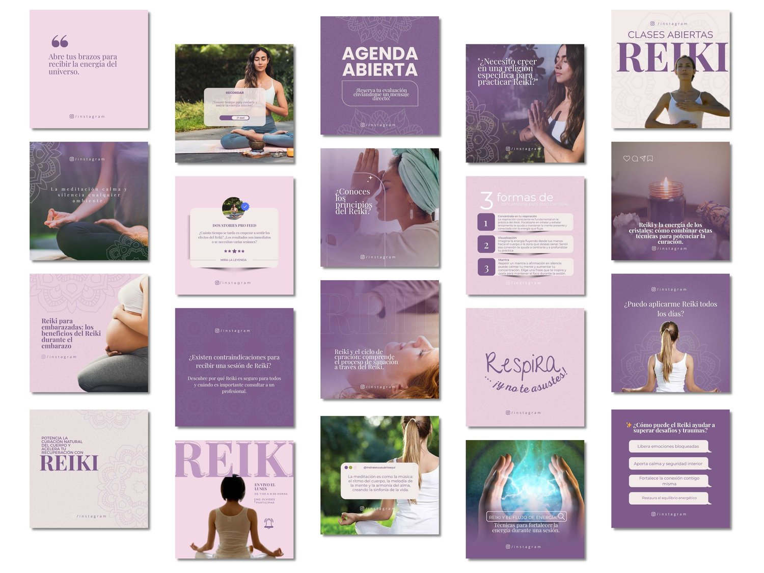 Pack de plantillas Reiki con colores suaves y estilo espiritual para redes sociales
