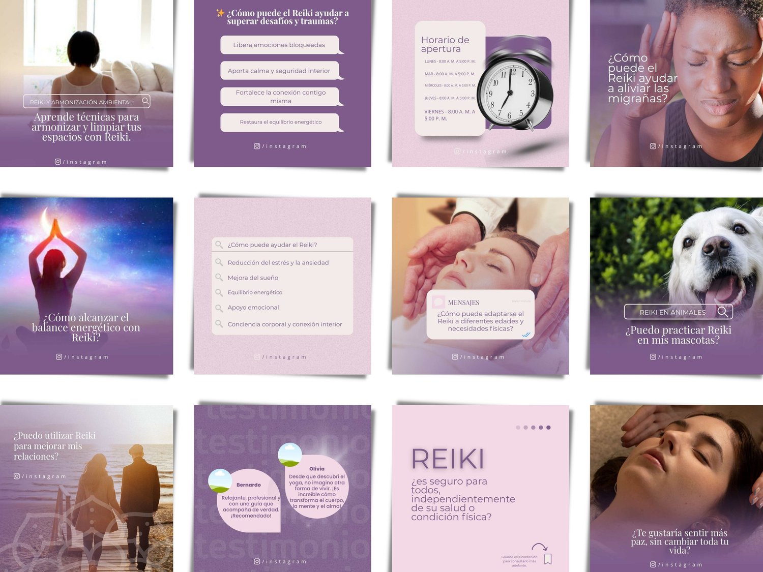 Plantillas Reiki para Instagram – diseño Canva editable para terapeutas holísticas