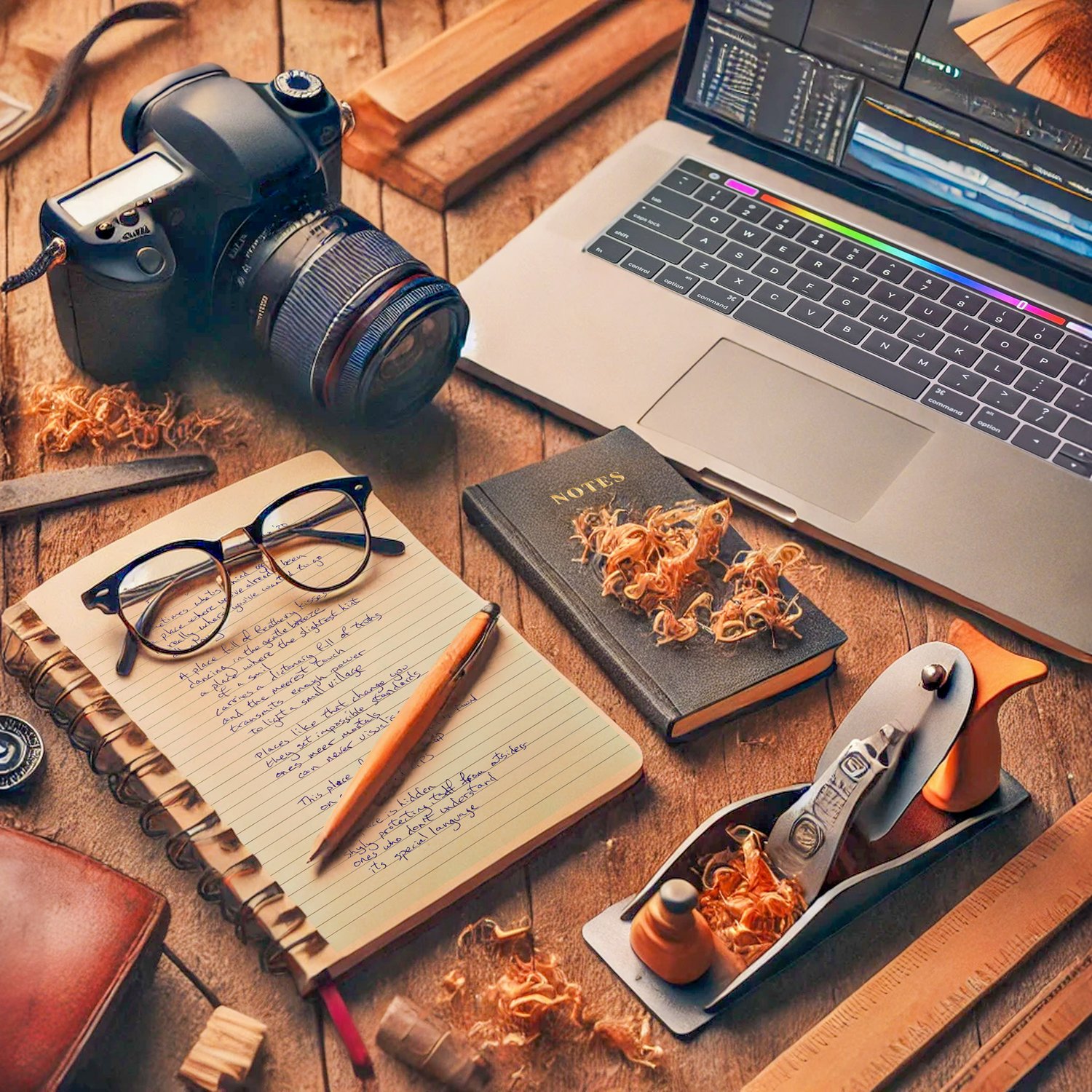 Creative workspace featuring items that represent tutor Dave Mac Cathain’s diverse skills, including a DSLR camera for photography, a laptop with video editing software, a notebook with handwritten notes, glasses, a pen, and woodworking tools with wood shavings scattered on a wooden surface.