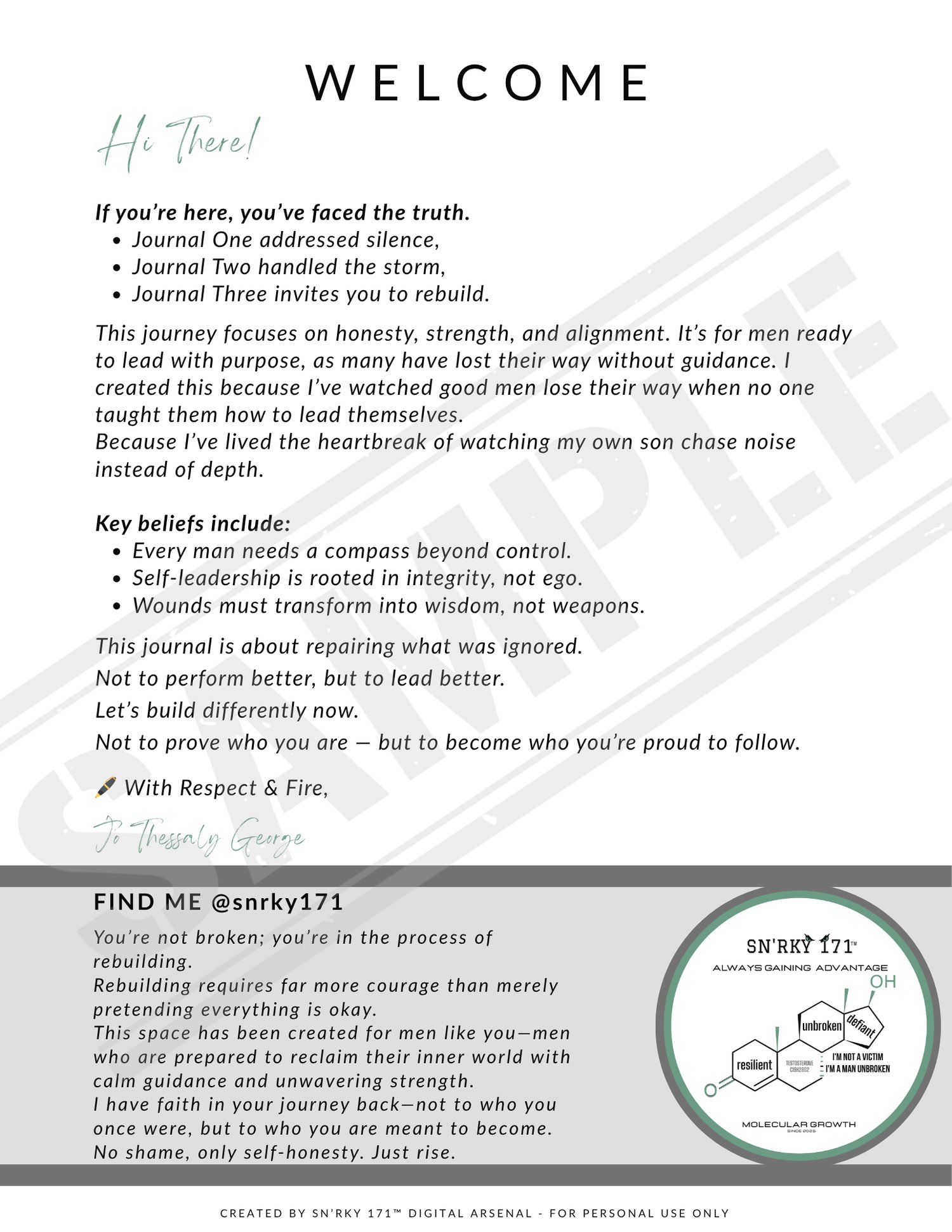 Welcome page from the 14-Day Gentle Growth Journal with handwritten note and mission for men and boys. Includes calming layout, personal message, and SN’RKY 171 branding.