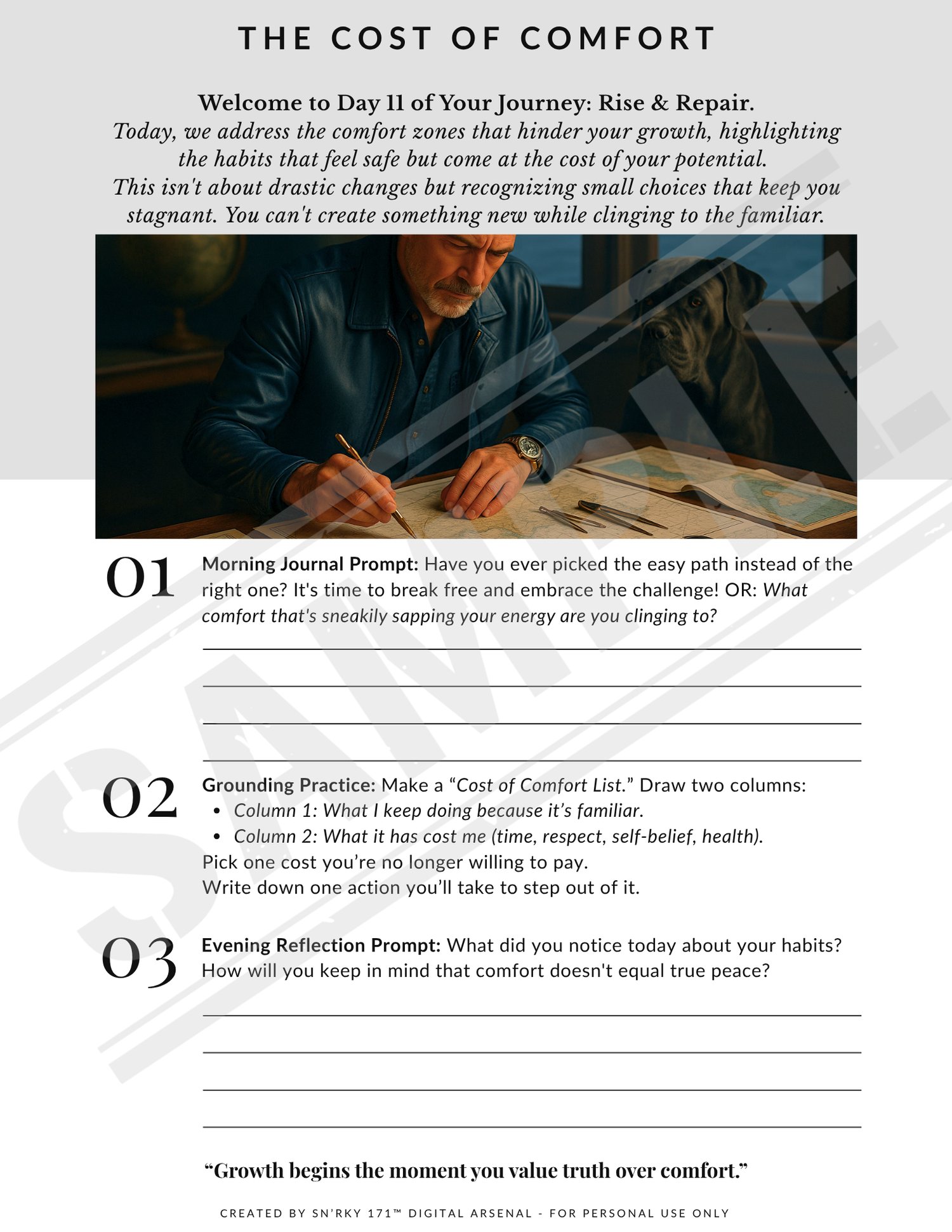 Day 11 journal page titled “The Cost of Comfort” from the 14-Day Gentle Growth Journal for Men – Journal Three: Rise & Reclaim. Features an introspective reflection prompt on emotional habits, comfort zones, and reclaiming masculine strength. Includes a p