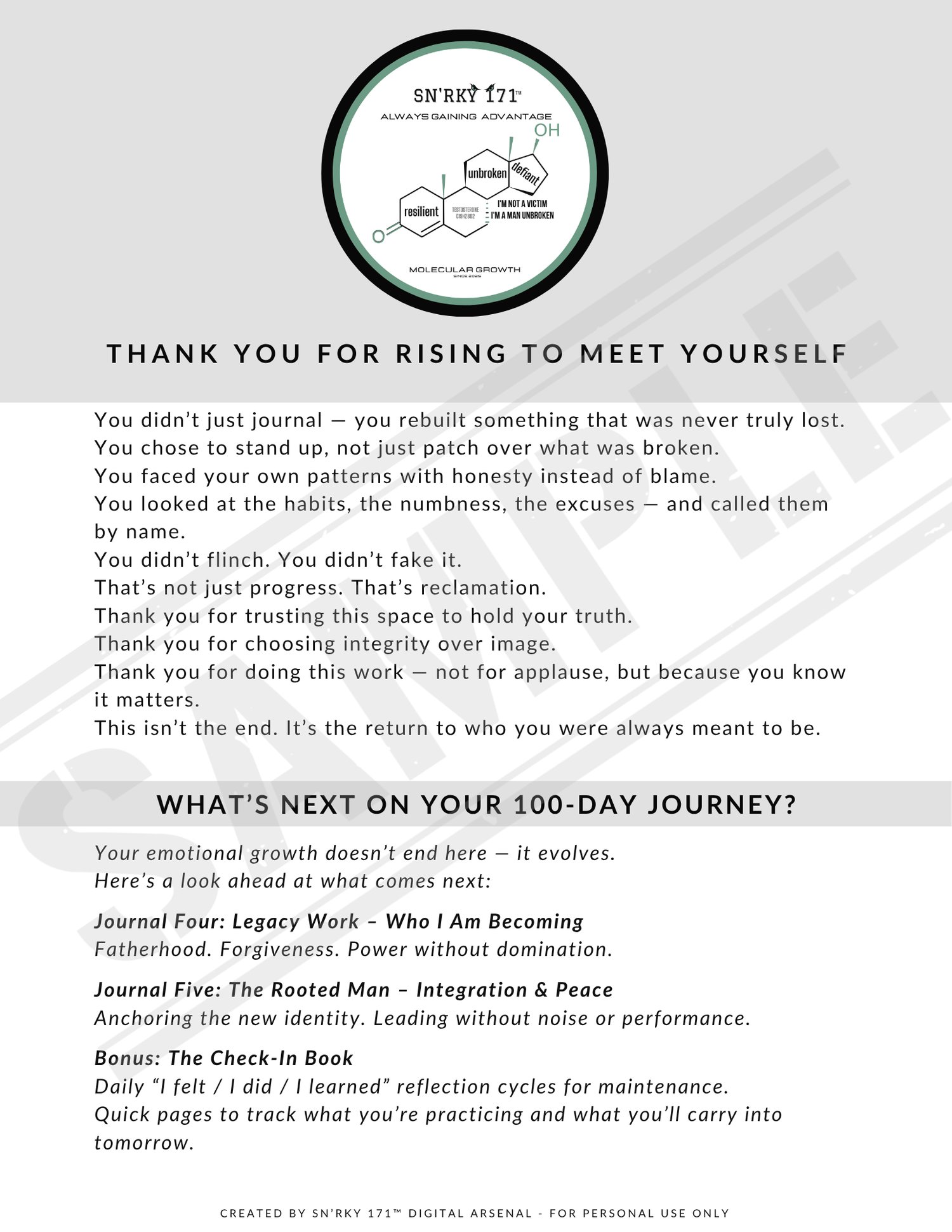 Closing journal spread thanking the reader and introducing the full Journey of Growth & Grit 5-part series. Highlights whats next in the SN’RKY 171™ Digital Arsenal path for men.