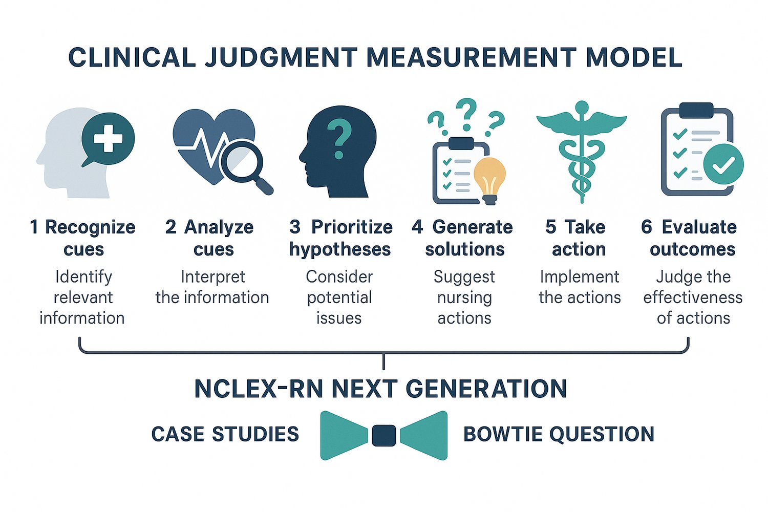 Educational infographic showing the six steps of the Clinical Judgment Measurement Model for NCLEX-RN Next Generation exam preparation.