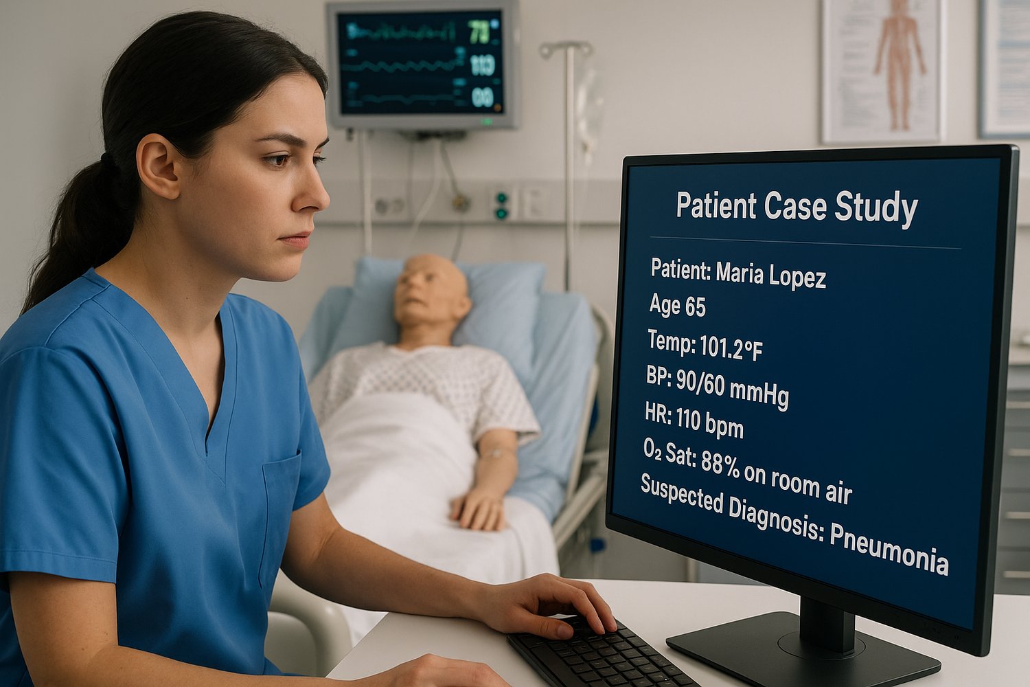 A realistic hospital simulation lab scene featuring a nursing student in scrubs working through a complex patient case study on a digital screen, with vital signs and lab results displayed. The environment should look modern, with hospital monitors, chart