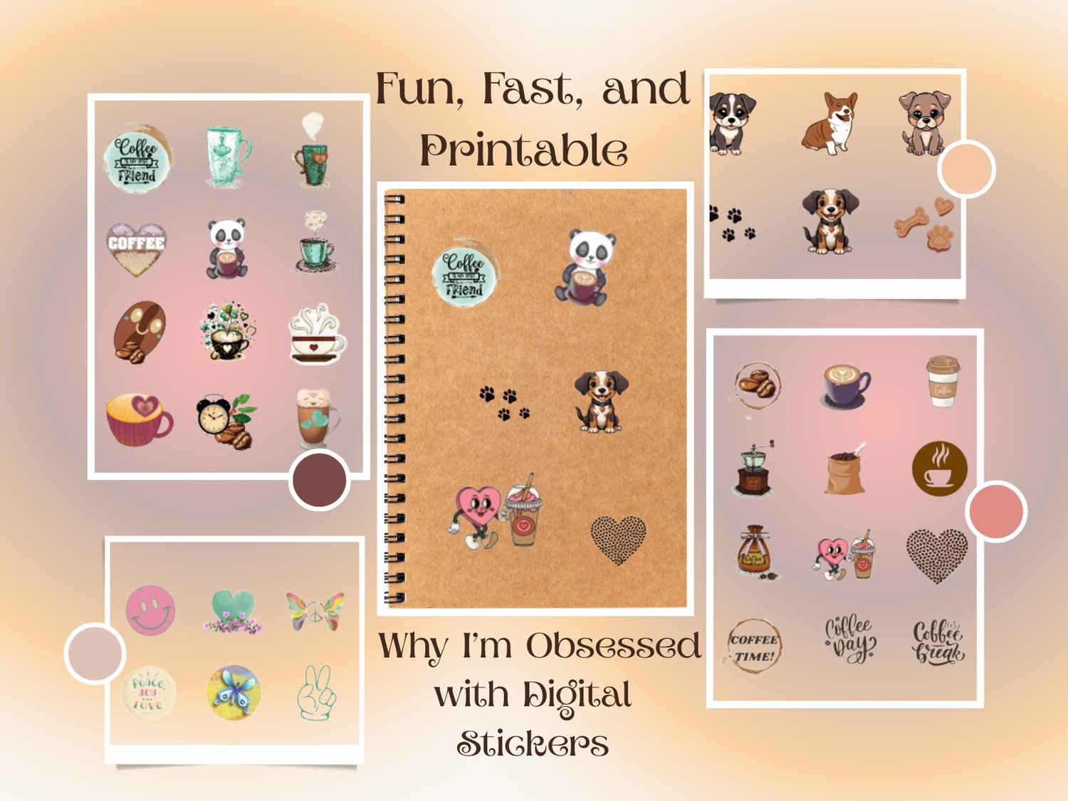 Printable coffee and dog stickers – fun digital sticker sheets for planners, laptops, and scrapbooks