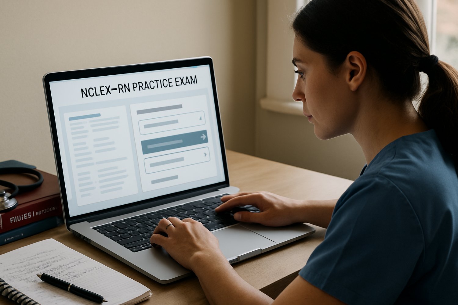 A nursing student studies for the NCLEX-RN on a laptop, with the screen showing a blurred highlight-and-drop-down style question layout, surrounded by textbooks and nursing tools.
