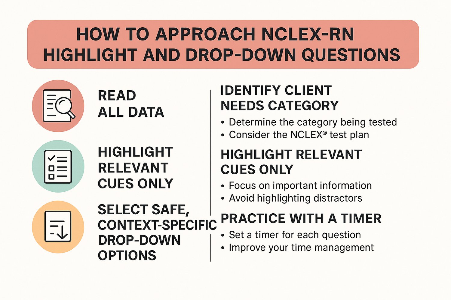 Educational NCLEX-RN infographic outlining five strategies for mastering highlight and drop-down questions, with icons and concise nursing exam tips.