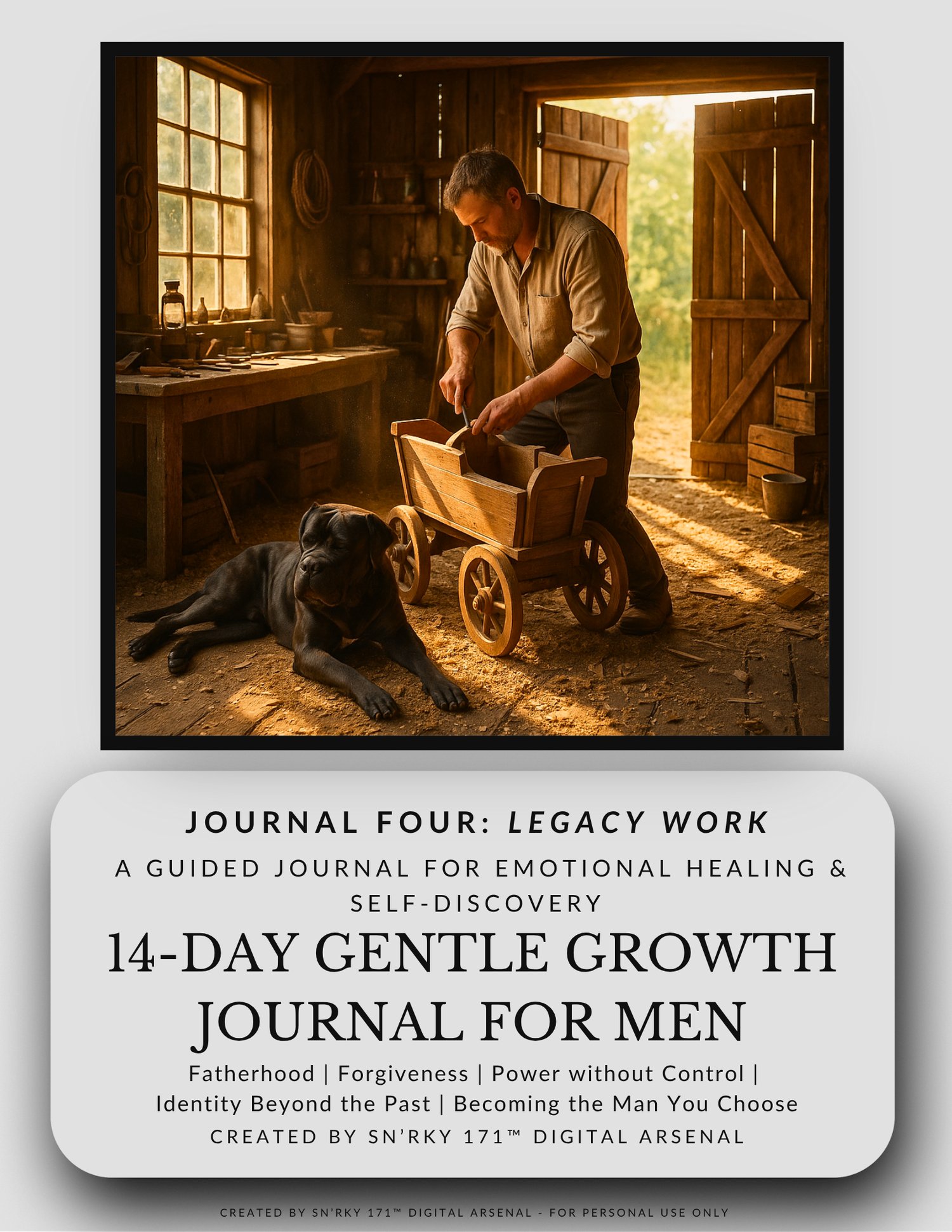 Cover image of "14-Day Gentle Growth Journal for Men – Journal Four: Legacy Work" featuring a man in a brown-lit room holding a leather-bound book. Designed to convey reflection, heritage, and the emotional complexity of masculine legacy.