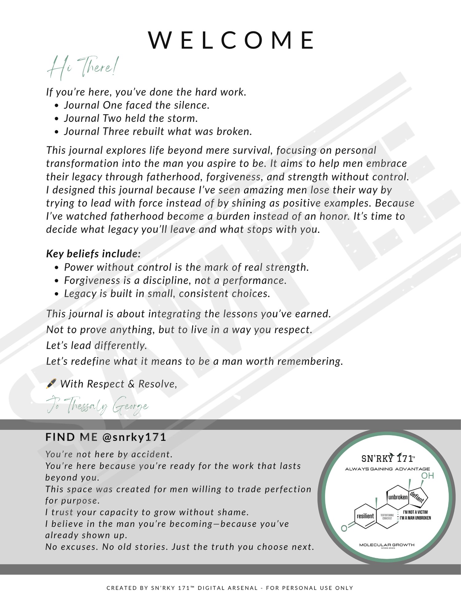 Welcome page from the 14-Day Gentle Growth Journal with handwritten note and mission for men and boys. Includes calming layout, personal message, and SN’RKY 171 branding.