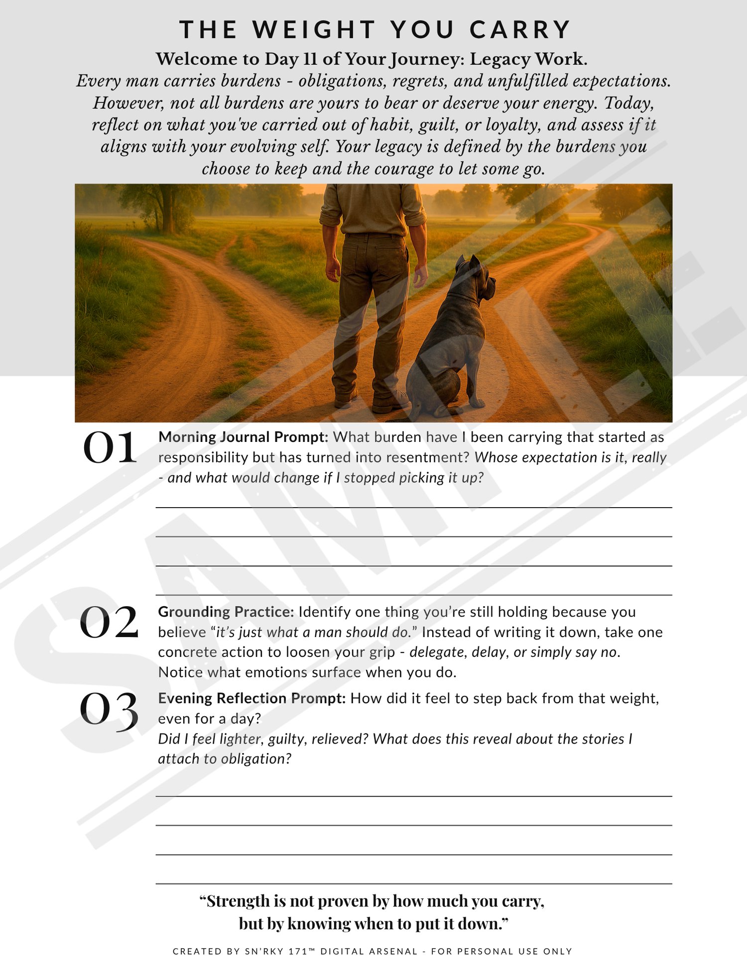 Journal page titled “The Weight You Carry,” featuring a man standing at a fork in a rural dirt road with his loyal dog beside him — symbolizing life’s emotional crossroads. This page invites men to reflect on hidden burdens, emotional load, and the cost o