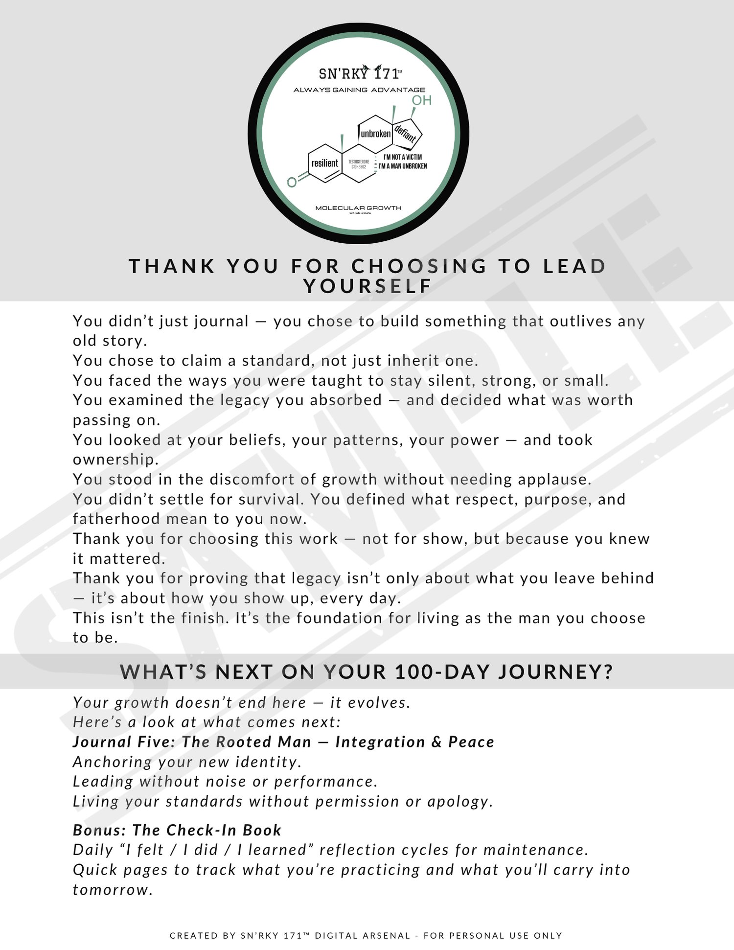 Closing journal spread thanking the reader and introducing the full Journey of Growth & Grit 5-part series. Highlights whats next in the SN’RKY 171™ Digital Arsenal path for men.