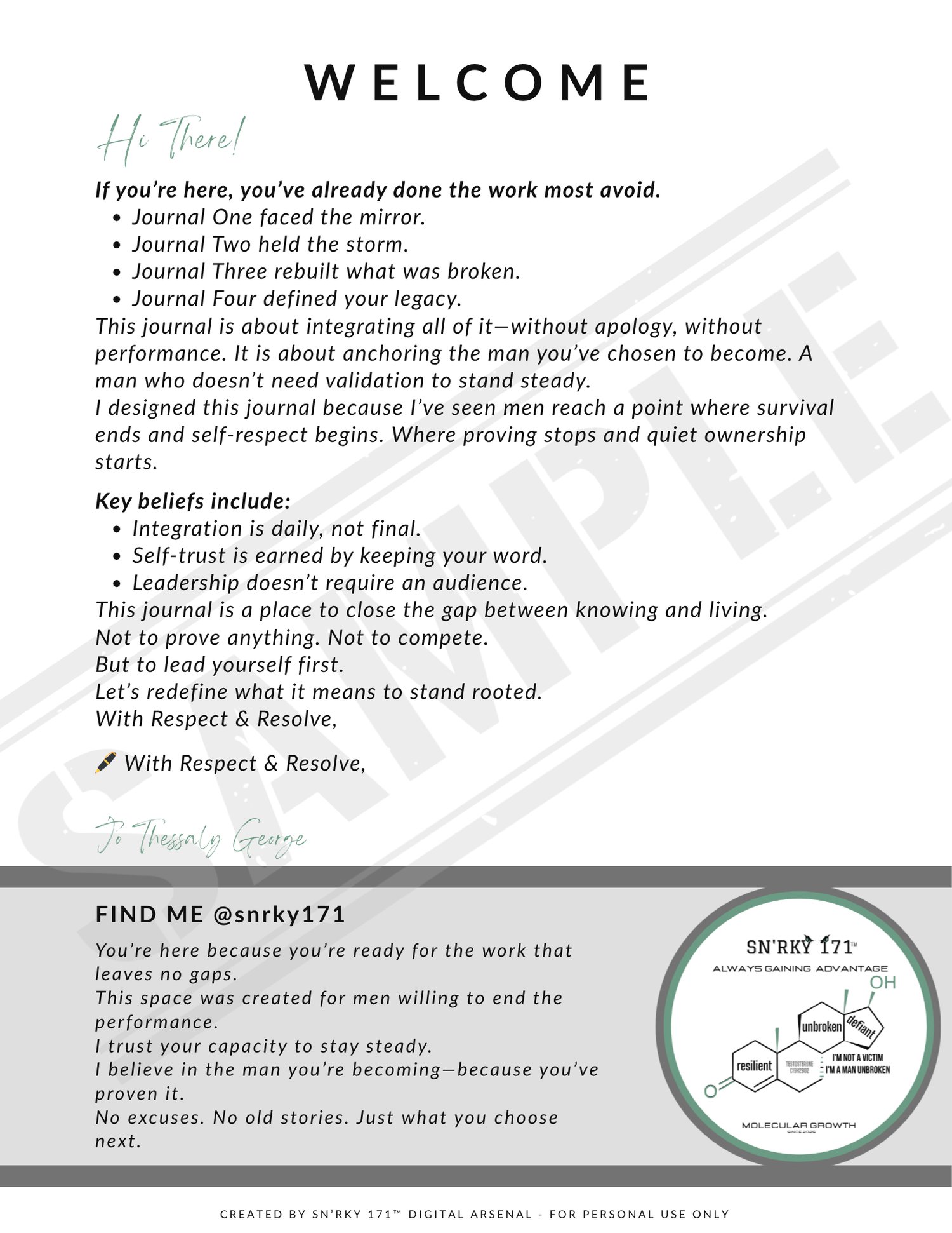 Welcome page from the 14-Day Gentle Growth Journal with handwritten note and mission for men and boys. Includes calming layout, personal message, and SN’RKY 171 branding.