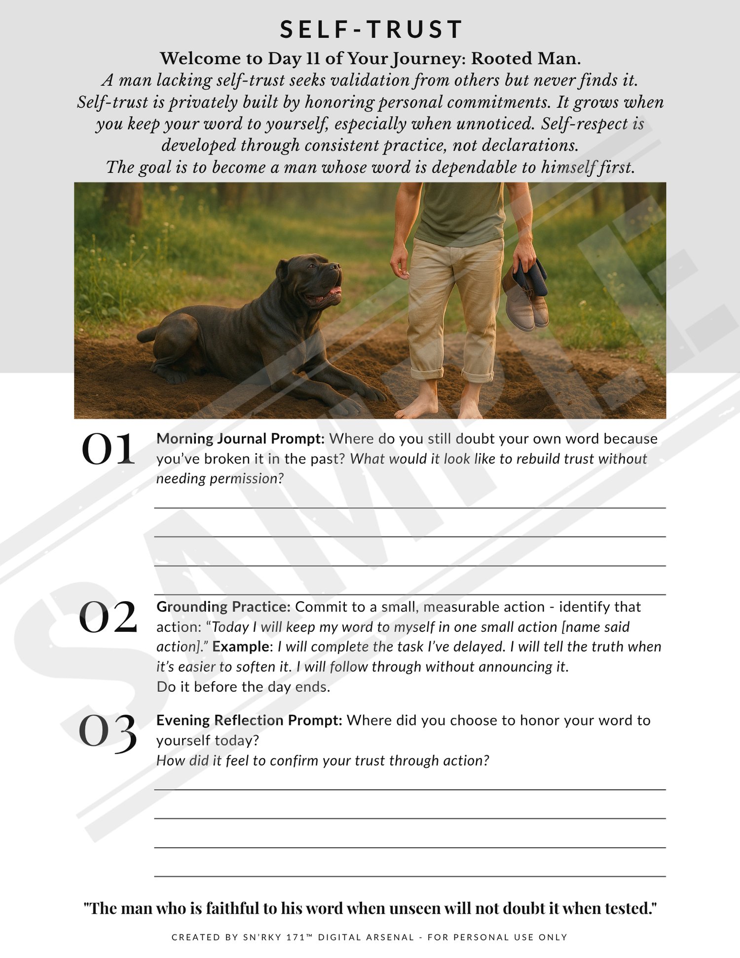 Reflective journal page titled “Self-Trust” from Day 11 of Journal Five: The Rooted Man. Features a man walking alongside his loyal dog — symbolic of inner companionship and unwavering support. Prompts explore what it means to trust yourself again, especi