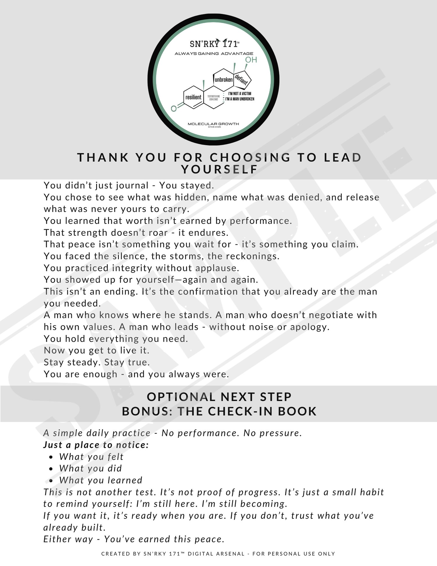 Closing journal spread thanking the reader and introducing the full Journey of Growth & Grit 5-part series. Highlights whats next in the SN’RKY 171™ Digital Arsenal path for men.