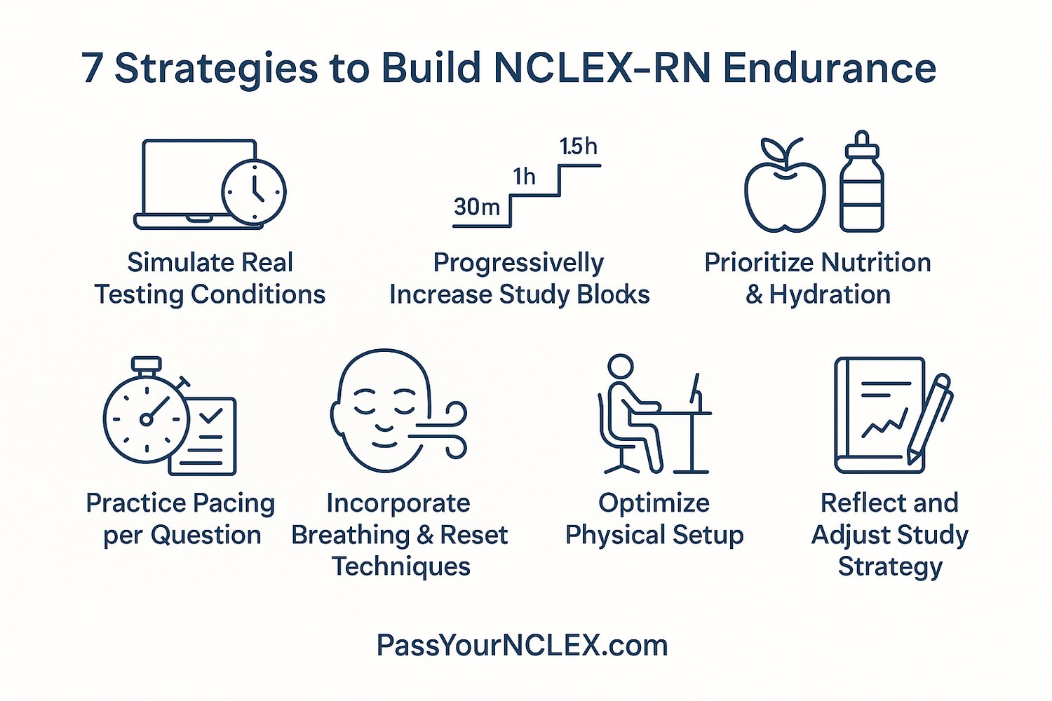 An infographic visually summarizing seven practical endurance-building strategies for NCLEX-RN preparation, designed for nursing students.