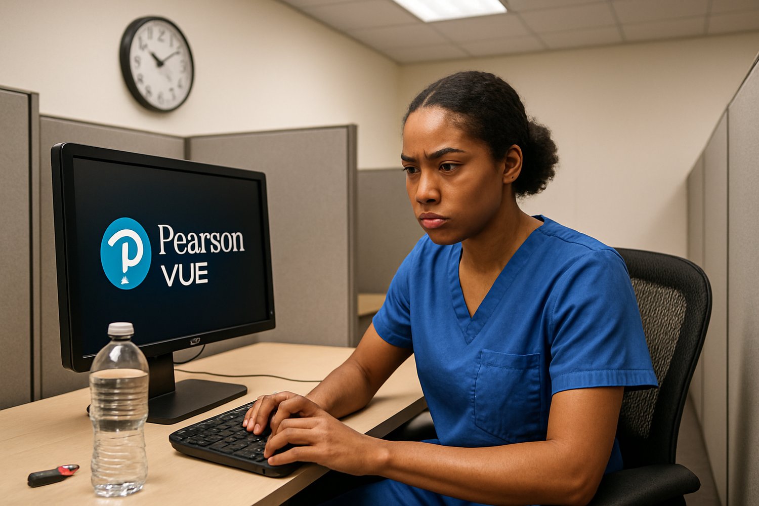 A focused nursing student taking the NCLEX-RN at a realistic testing center, highlighting endurance, attention, and long-session stamina.