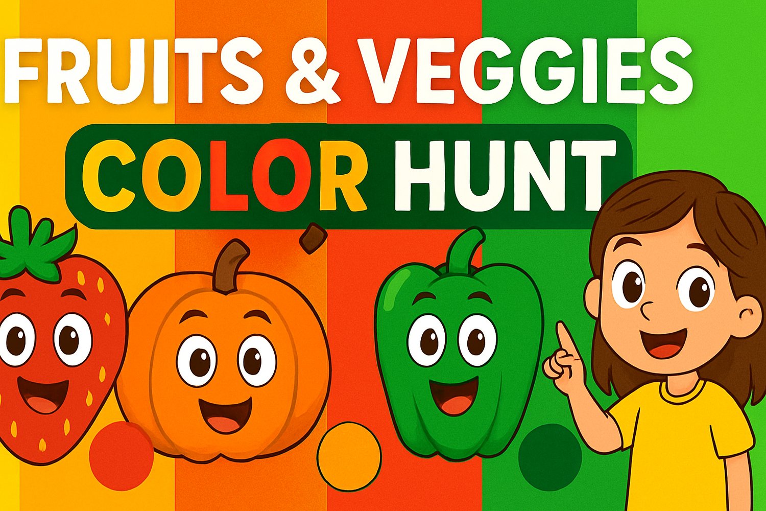 "Colorful cartoon fruits and vegetables with smiling faces and a child pointing, teaching kids a fun color hunt game for healthy eating education"