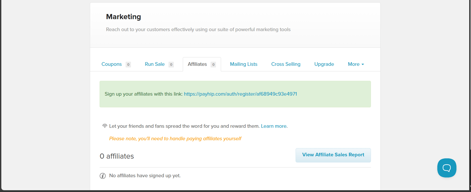 Affiliate marketing management feature on Payhip