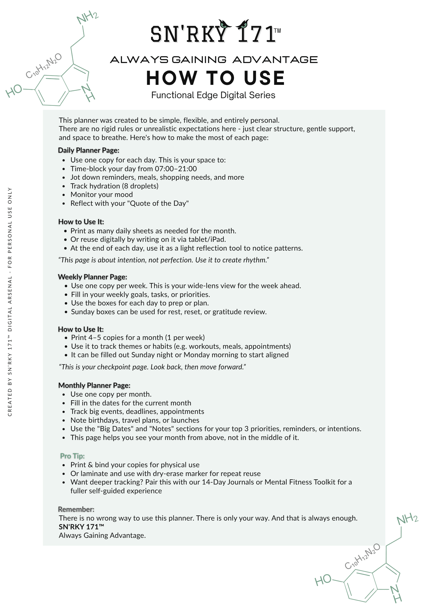 Page titled “How To Use” from the SN’RKY 171™ Reset-Ready Planner. Features a grey, minimalist design with detailed step-by-step guidance on how to use the daily, weekly, and monthly layouts. Clean lines, black text, and signature molecular graphics creat