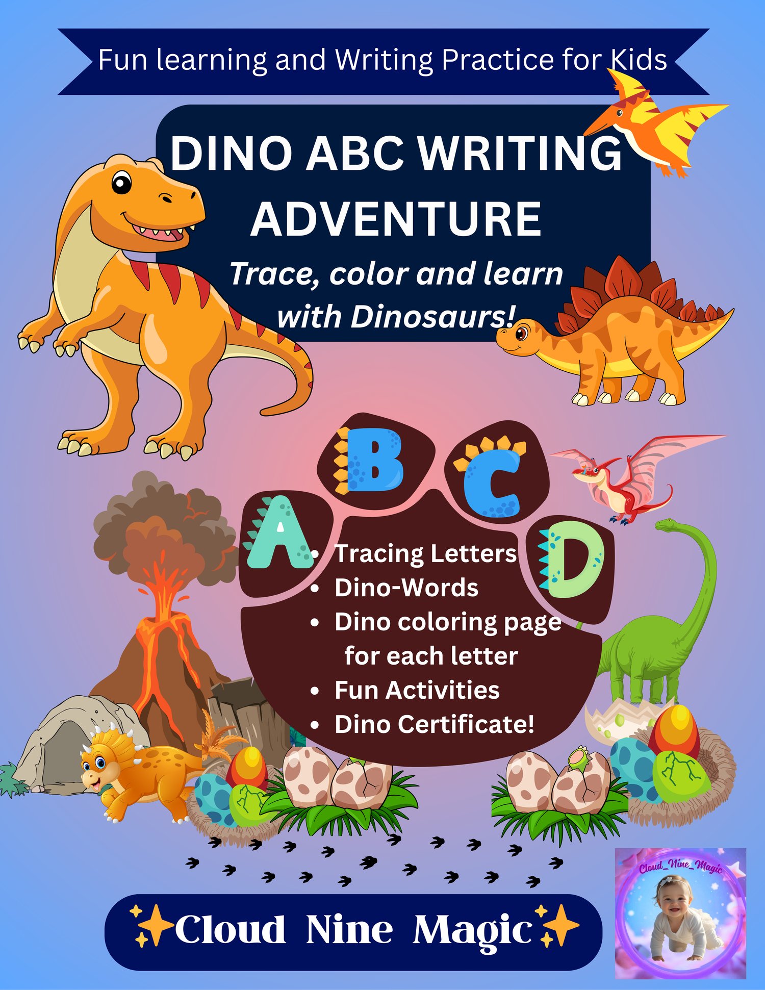 dinosaur handwriting workbook, printable alphabet tracing, abc writing practice, dinosaur printable for preschool, kids tracing pdf, learn to write abc, preschool activities, early learning workbook, homeschool writing worksheets