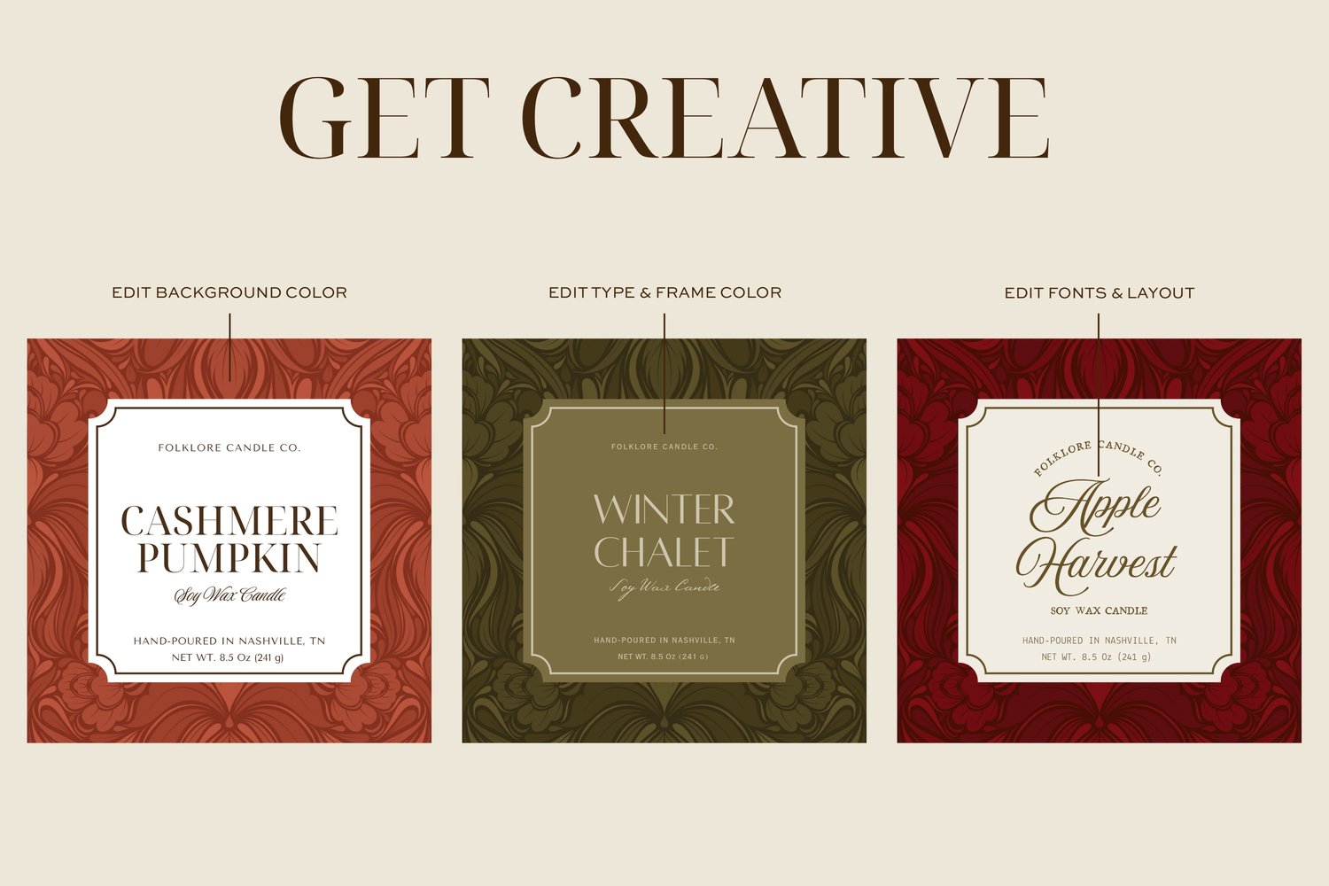 candle product label template featuring a damask background