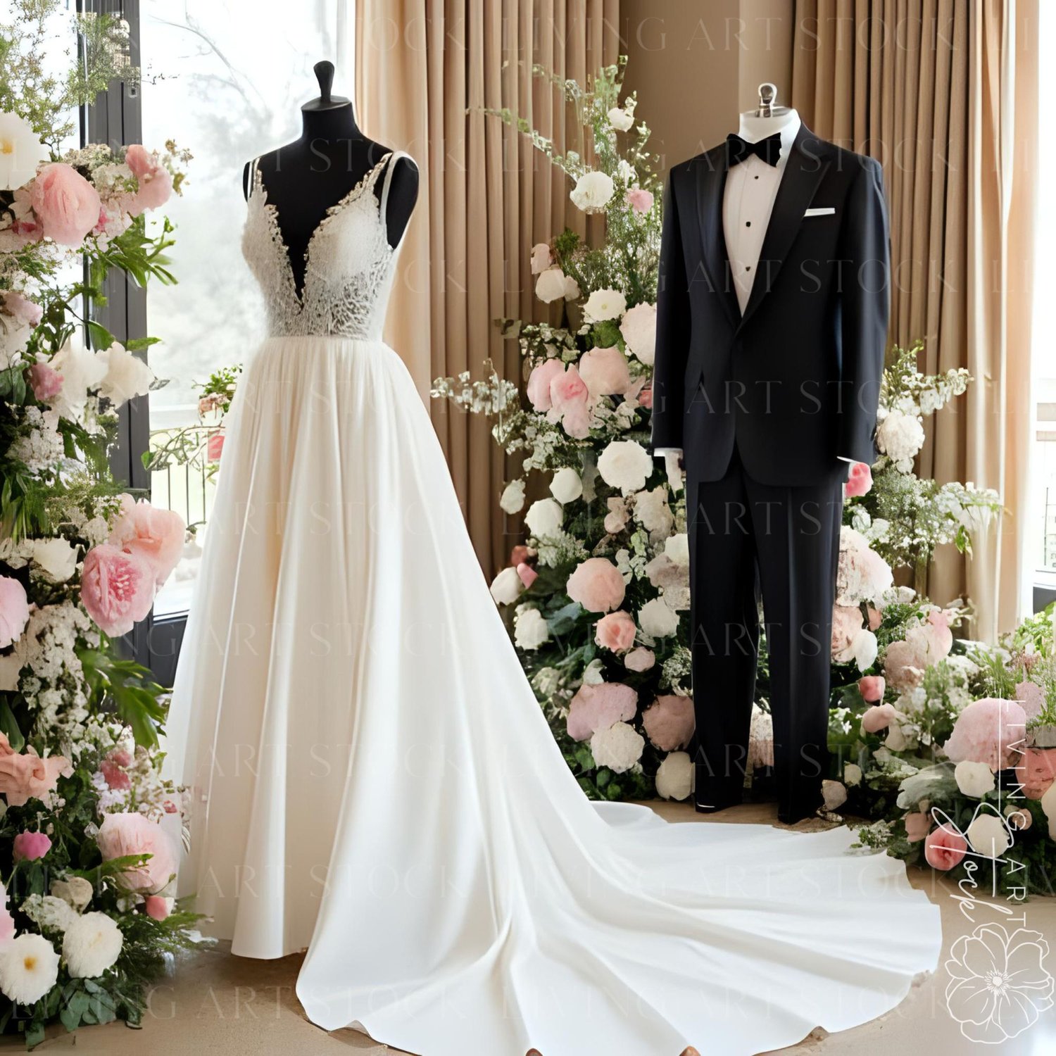 Wedding gown and groom's black tuxedo on display in bridal studio surrounded by flowers