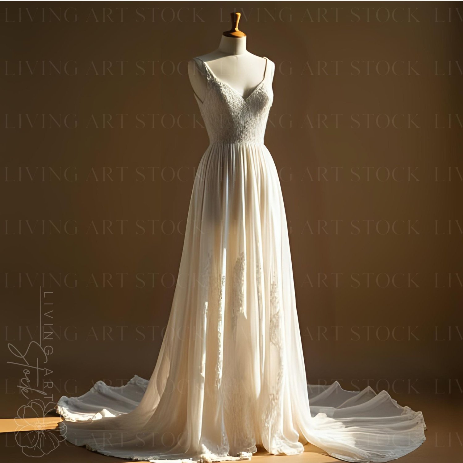Boho-chic wedding dress with embroidered silk skirt and small train. Minimalist wedding gown