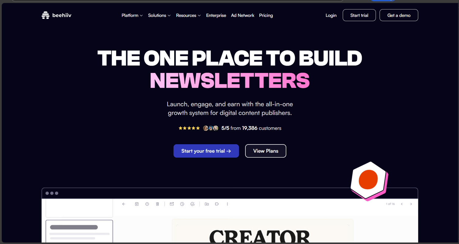 Beehiiv homepage showcasing its newsletter growth tools, custom branding options, and subscriber analytics for creators