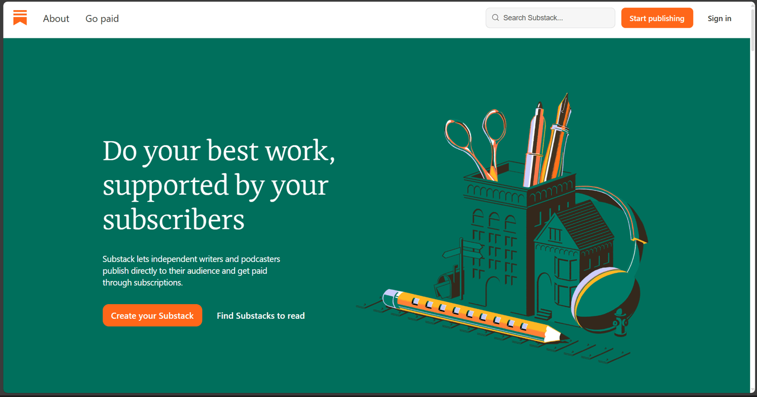 Substack homepage featuring simple newsletter publishing, featured writers, and subscription options for readers