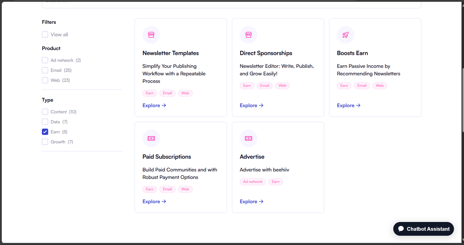 Image of Beehiiv homepage showcasing newsletter growth and monetization tools
