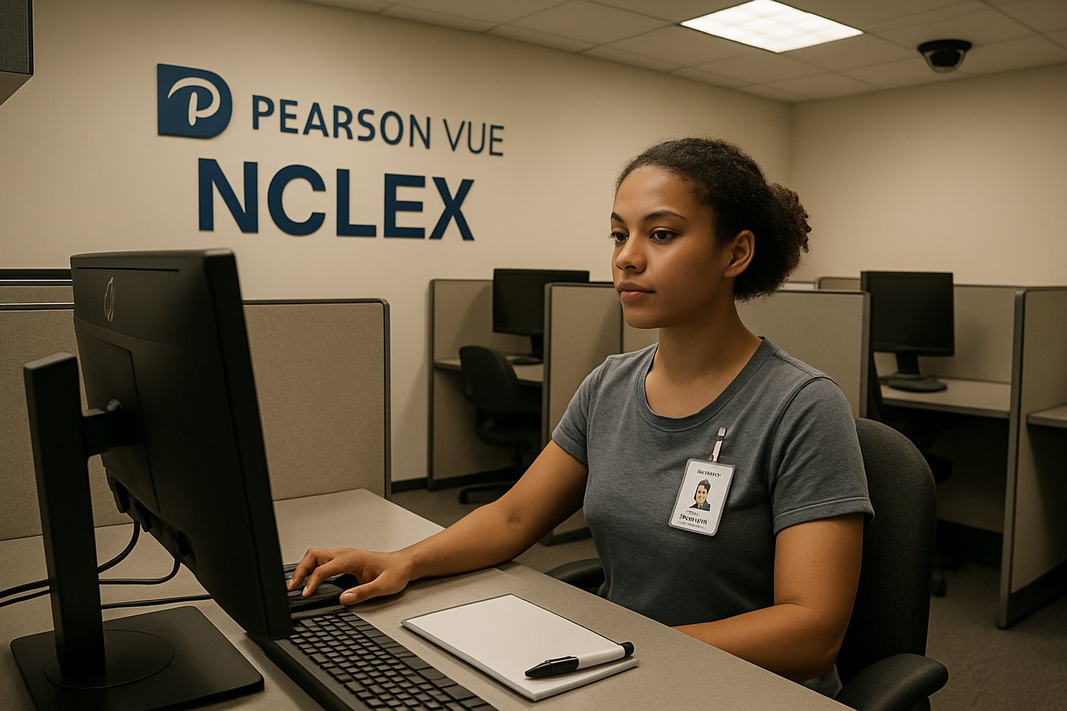 Nursing graduate taking the NCLEX at a Pearson VUE testing center, seated at a computer in a quiet cubicle with whiteboard and marker, demonstrating focus and readiness.